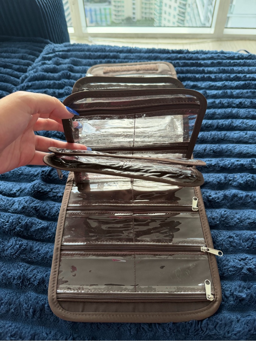 Brown Travel Organizer Bag with Clear Pockets